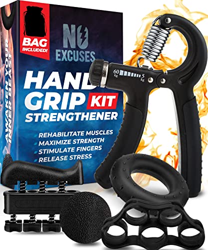 Grip Strength Trainer Kit - 5 Pack, Hand Grip Strengthener Kit, Hand Strengthener + Grip Strength Kit | Hand Exerciser Grip Strengthener Kit, Grip Trainer + Hand Grips for Strength *Bonus Carry Bag*